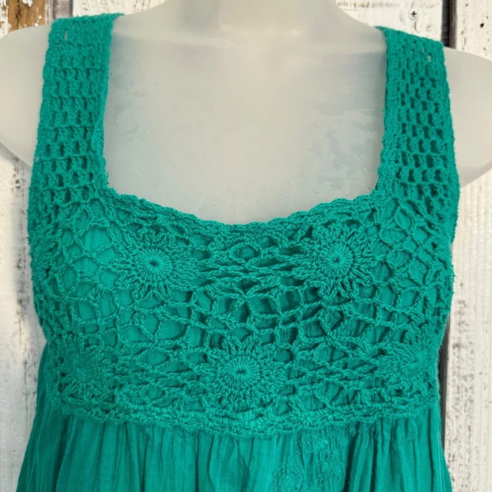 Angie Green Crochet Lace Babydoll Embroidered Top Large Boho Y2K Hippie Cottage - Picture 3 of 9
